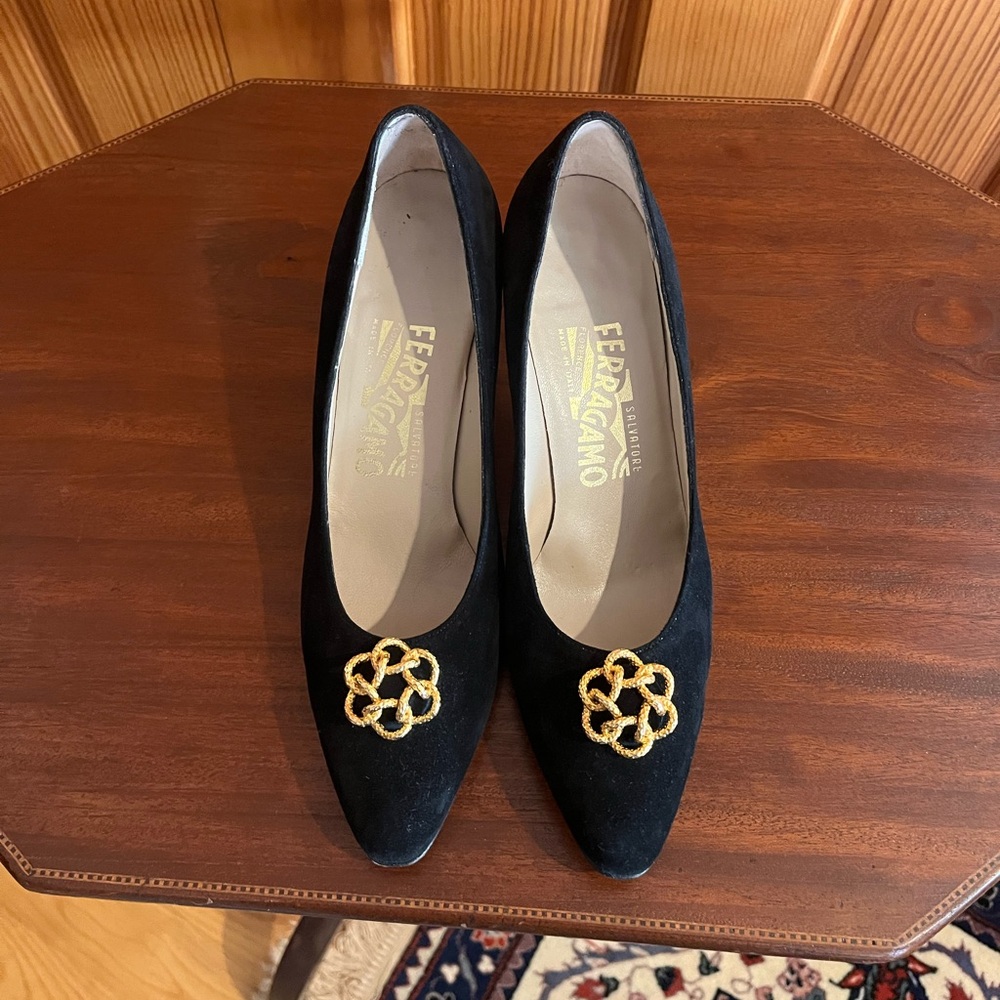 Salvatore Ferragamo Black Heels with Gold Embellishment